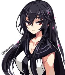 Rule 34 | 10s, 1girl, alternate hairstyle, bare shoulders, black hair, breasts, cis (carcharias), collarbone, hair between eyes, hair down, kantai collection, large breasts, long hair, looking at viewer, necktie, personification, petals, red eyes, simple background, solo, twitter username, upper body, white background, yahagi (kancolle)