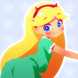 Rule 34 | 1girl, blonde hair, blue eyes, blush, heart cheeks, looking at viewer, looking back, mike inel, simple background, solo, star butterfly, star vs the forces of evil