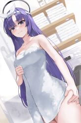 Rule 34 | 1girl, absurdres, bare shoulders, black halo, blue archive, blush, breasts, cleavage, collarbone, hair down, hairband, halo, highres, indoors, kurone (kurone ryuo), looking at viewer, medium breasts, naked towel, parted lips, purple hair, solo, standing, thighs, towel, weight conscious, white hairband, yuuka (blue archive)