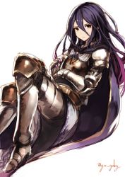 Rule 34 | 10s, 1girl, armor, armored boots, blue hair, boots, cape, gauntlets, genyaky, granblue fantasy, grey eyes, long hair, looking at viewer, rosamia (granblue fantasy), simple background, solo, white background