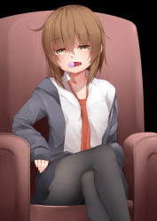 Rule 34 | 1girl, armchair, bad id, bad pixiv id, black background, black jacket, black pantyhose, black skirt, blazer, blush, brown eyes, brown hair, candy, chair, collarbone, collared shirt, commentary request, crossed legs, fang, food, food in mouth, jacket, kantai collection, light blush, lollipop, long sleeves, looking at viewer, ne an ito, necktie, off-shoulder jacket, off shoulder, open clothes, open jacket, orange necktie, pantyhose, pleated skirt, shirt, short hair, sidelocks, sitting, skirt, sleeves past wrists, solo, tongue, wakaba (kancolle), white shirt