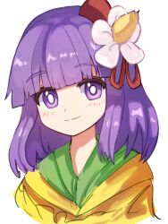 Rule 34 | 1girl, blunt bangs, blush, closed mouth, commentary request, flower, green kimono, hair flower, hair ornament, happy, head tilt, hieda no akyuu, highres, japanese clothes, kimono, medium hair, plus2sf, purple eyes, purple hair, revision, simple background, smile, solo, touhou, upper body, white background, white flower, yellow kimono