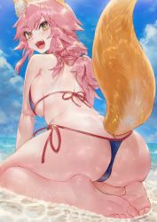Rule 34 | 1girl, :d, animal ear fluff, animal ears, aos, ass, back, barefoot, bikini, blue bikini, blue sky, breast press, breasts squeezed together, breasts, butt crack, commentary request, day, fang, fate/grand order, fate (series), feet, fox ears, fox girl, fox tail, highres, large breasts, leaning forward, long hair, looking at viewer, looking back, lowleg, lowleg bikini, ocean, open mouth, outdoors, pink hair, seiza, shoulder blades, side-tie bikini bottom, sitting, sky, smile, string bikini, swimsuit, tail, tamamo (fate), tamamo no mae (fate/extra), tamamo no mae (swimsuit lancer) (fate), thong bikini, toes, yellow eyes