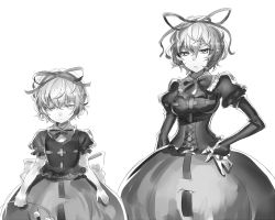 Rule 34 | 2girls, aged down, aged up, bad id, bad pixiv id, bow, corset, dual persona, flower, greyscale, hair ribbon, hand on own hip, kikugetsu, lily of the valley, mature female, medicine melancholy, monochrome, multiple girls, ribbon, short hair, skirt, touhou, white background