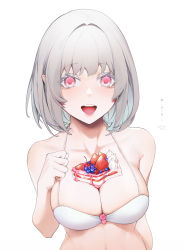 Rule 34 | 1girl, absurdres, bare shoulders, bikini, borrowed character, breasts, cake, cleavage, collarbone, commentary request, fei mao, food, food on body, food on breasts, fruit, grey hair, highres, large breasts, medium hair, original, pink eyes, simple background, smile, strawberry, swimsuit, teeth, upper body, upper teeth only, white background, white bikini
