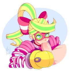 Rule 34 | 1girl, arms (game), blonde hair, blue eyes, bluebreed, bow, boxing gloves, domino mask, fellatio, green hair, hair bow, highres, large penis, mask, multicolored hair, nintendo, oral, penis, ribbon girl (arms), solo focus, two-tone hair, uncensored