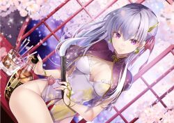 Rule 34 | 1girl, absurdres, akatsuki hijiri, alcohol, breasts, cherry blossoms, china dress, chinese clothes, dress, earrings, fate/grand order, fate (series), folded fan, folding fan, food, glass, hair ribbon, hand fan, highres, jewelry, kama (fate), lace trim, long hair, looking at viewer, medium breasts, pelvic curtain, pocky, red eyes, revision, ribbon, smile, solo, thighs, white hair