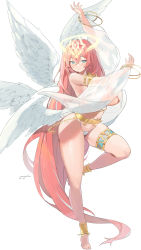 Rule 34 | 1girl, absurdly long hair, absurdres, angel wings, aqua eyes, arm up, artist name, barefoot, bracelet, breasts, bridal garter, character request, closed mouth, commission, dungeon and fighter, full body, gogoco, gradient background, hair between eyes, halo, highres, jewelry, large breasts, legs, long hair, low wings, multiple wings, pink hair, smile, solo, standing, standing on one leg, thighs, toes, underboob, very long hair, white background, white wings, wings