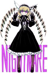 Rule 34 | 1girl, :&gt;, black dress, black footwear, black gloves, black ribbon, blonde hair, bright pupils, brown pantyhose, character name, closed mouth, commentary request, copyright request, dress, drill hair, frilled hairband, frills, full body, gloves, gothic lolita, hairband, hands up, highres, horn ornament, horn ribbon, horns, lolita fashion, long hair, long sleeves, looking at viewer, no nose, pantyhose, purple eyes, quad drills, ribbon, shoes, smile, solo, standing, very long hair, white background, zyugoya