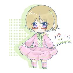 Rule 34 | 1girl, artist name, artist request, blush, breasts, brown hair, cross-laced clothes, cross-laced dress, dress, female focus, full body, glasses, green footwear, green necktie, hair between eyes, holding, holding clothes, holding skirt, koizumi hanayo, long sleeves, looking at viewer, love live!, love live! school idol project, miniskirt, necktie, parted lips, pink dress, pink legwear, pink skirt, plaid, plaid dress, plaid skirt, pleated, pleated dress, pleated skirt, purple eyes, shoes, short hair, skirt, smile, solo, white background