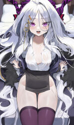 Rule 34 | 1-5iro, 1girl, absurdres, bed, bed sheet, black horns, black skirt, blue archive, blush, breasts, collarbone, demon horns, eyes visible through hair, grey hair, highres, hina (blue archive), horns, indoors, long hair, long sleeves, looking at viewer, multiple horns, open mouth, parted bangs, pillow, purple eyes, purple thighhighs, shirt, sitting, skirt, small breasts, solo, thighhighs, very long hair, wet, wet clothes, wet shirt