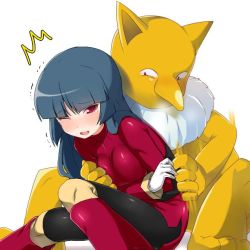 Rule 34 | 1girl, ;d, black pantyhose, blue hair, blush, breasts, creatures (company), game freak, gen 1 pokemon, gloves, grabbing, grabbing another&#039;s breast, groping, gym leader, heavy breathing, hizuki akira, hypno, looking at viewer, nintendo, nose, one eye closed, open mouth, pantyhose, pervert, pokemon, pokemon (creature), pokemon rgby, red eyes, sabrina (pokemon), simple background, sitting, smile, sweatdrop, tears, tickling, tickling breasts, tickling sides, white background, white gloves