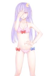 Rule 34 | 1girl, bikini, bow, covering one eye, crescent, crescent hair ornament, hair ornament, hand on own stomach, highres, long hair, looking at viewer, navel, open mouth, patchouli knowledge, pink bikini, purple eyes, purple hair, simple background, solo, swimsuit, touhou, tsukimiya kamiko, white background