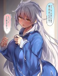 Rule 34 | 1girl, alternate costume, asymmetrical hair, bad id, bad pixiv id, blush, breasts, cowboy shot, from side, hair between eyes, hair down, indoors, jitome, kantai collection, large breasts, leaning forward, long hair, long sleeves, looking at viewer, open mouth, pajamas, pokoten (pokoten718), silver hair, sleepwear, solo, standing, sweatdrop, translation request, unryuu (kancolle), very long hair, wavy hair, yellow eyes