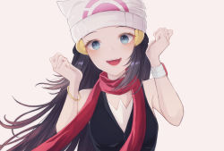Rule 34 | 1girl, :d, absurdres, beanie, black hair, black shirt, blue eyes, bracelet, clenched hands, commentary request, creatures (company), dawn (pokemon), eyelashes, game freak, hair ornament, hairclip, hands up, happy, hat, highres, jewelry, long hair, nintendo, open mouth, poke ball print, pokemon, pokemon dppt, poketch, red scarf, scarf, shirt, sleeveless, sleeveless shirt, smile, solo, teeth, tongue, upper body, watch, weiss 9610, white hat, wristwatch
