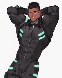 Rule 34 | 1boy, abs, arm behind head, artist name, bara, biceps, black hair, bulge, commission, dark-skinned male, dark skin, highres, jewelry, jouvru, looking at viewer, male focus, military, military uniform, muscular, muscular male, necklace, one eye closed, original, pectorals, smile, solo, tattoo, thick eyebrows, tight clothes, uniform