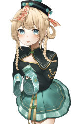 Rule 34 | :p, absurdres, alternate costume, alternate hairstyle, black capelet, black hat, blonde hair, blue eyes, blush, breasts, capelet, china dress, chinese clothes, cowboy shot, dress, green skirt, hat, high collar, highres, hololive, jiangshi, jiangshi costume, kazama iroha, long hair, ofuda, ofuda on head, outstretched arms, qingdai guanmao, simple background, skirt, sleeves past fingers, sleeves past wrists, small breasts, tongue, tongue out, v-shaped eyebrows, virtual youtuber, white background, wide sleeves, yoshioka (today is kyou), zombie pose