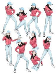 Rule 34 | 1girl, absurdres, black hair, dancer, dancing, denim, hand on own head, hand on own hip, head tilt, highres, jacket, jeans, joongchel kim, leaning to the side, legs apart, long hair, multiple views, original, own hands clasped, own hands together, pants, shoes, smile, standing, standing on one leg