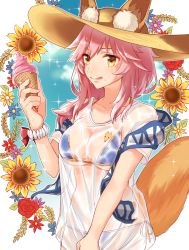 Rule 34 | 1girl, animal ear fluff, animal ears, bikini, bikini under clothes, blue bikini, breasts, cleavage, ears through headwear, fate/grand order, fate (series), food, fox ears, fox tail, hat, highres, hushimi-nanodesu, ice, long hair, looking at viewer, medium breasts, pink hair, shirt, side-tie bikini bottom, solo, standing, straw hat, sweat, swimsuit, tail, tamamo (fate), tamamo no mae (fate/extra), tamamo no mae (swimsuit lancer) (fate), tamamo no mae (swimsuit lancer) (second ascension) (fate), tongue, tongue out, wet, wet clothes, wet shirt, yellow eyes