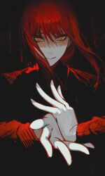 Rule 34 | 1girl, absurdres, black background, chainsaw man, highres, long hair, long sleeves, looking at viewer, makima (chainsaw man), own hands together, red hair, shadow, smile, solo, solraka, straight hair, sweater, yellow eyes