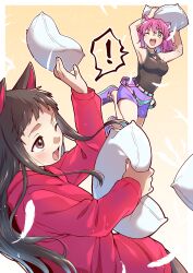 Rule 34 | 2girls, ;d, absurdres, animal ears, armpits, arms up, black shirt, border, bra, brown hair, cat ears, cat girl, commentary, commission, english commentary, feathers, gradient belt, green bra, highres, holding, holding pillow, hood, hoodie, indie virtual youtuber, long hair, long sleeves, megu muu, multiple girls, one eye closed, open mouth, outside border, pillow, pillow fight, pink bra, pink hair, purple footwear, purple shorts, red hoodie, rumi (catgirl vtuber), second-party source, shirt, shoes, short hair, shorts, sidelocks, skeb commission, sleeveless, sleeveless shirt, smile, sneakers, taiki (6240taiki), teeth, underwear, upper teeth only, white border
