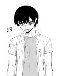 Rule 34 | 1boy, black hair, bruise, bruise on face, character age, collared shirt, grey shirt, greyscale, highres, injury, male focus, monochrome, original, shadow, shirt, short hair, short sleeves, simple background, solo, upper body, vulcan (ejel2000), white background, white shirt