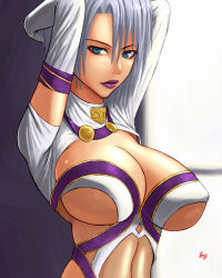 Rule 34 | 1girl, arms up, artist name, blue eyes, breasts, cleavage, covered erect nipples, female focus, huge breasts, isabella valentine, lipstick, looking at viewer, makeup, parted lips, purple lips, short hair, silver hair, solo, soul calibur, soulcalibur, soulcalibur iii, tenji, upper body