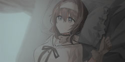 Rule 34 | 1girl, bed, black ribbon, brown hair, buttons, chihuri, clenched hand, closed mouth, curtains, dress, dutch angle, gloves, grey eyes, hair between eyes, hairband, hand up, highres, indoors, light frown, long sleeves, lying, medium hair, neck ribbon, on back, original, pillow, renata alekseevna tsvetaeva, ribbon, sideways, solo, upper body, white dress, white gloves, white hairband, window