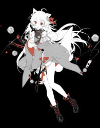 Rule 34 | 1girl, ahoge, animal ears, black background, black choker, black footwear, black gloves, boots, choker, colored skin, fox ears, fox tail, full body, gloves, grey jacket, highres, jacket, katana, limited palette, long hair, long sleeves, looking at viewer, mechari, off shoulder, open mouth, original, pom pom (clothes), red eyes, red ribbon, ribbon, solo, sword, tail, tassel, very long hair, weapon, white hair, white skin, wide sleeves