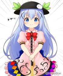 Rule 34 | &gt;:), 1girl, black hat, blue eyes, blue hair, blue skirt, blush, bow, center frills, closed mouth, collared dress, commentary request, cosplay, dress, emphasis lines, frilled skirt, frills, gochuumon wa usagi desu ka?, hair ornament, hands on hilt, hat, hat ornament, hinanawi tenshi, hinanawi tenshi (cosplay), kafuu chino, long hair, looking at viewer, mitya, pink dress, puffy short sleeves, puffy sleeves, red bow, short sleeves, simple background, skirt, smile, solo, sword of hisou, tippy (gochiusa), touhou, twitter username, v-shaped eyebrows, very long hair, white background, x hair ornament