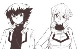 Rule 34 | 1boy, 1girl, breasts, closed mouth, duel academy uniform (yu-gi-oh! gx), greyscale, jacket, long hair, looking at viewer, monochrome, rourou ill, school uniform, simple background, sleeveless, smile, tenjouin asuka, white background, yu-gi-oh!, yu-gi-oh! gx, yuki judai