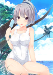 Rule 34 | 1girl, beach, blush, breasts, cloud, day, food, highres, looking at viewer, medium breasts, mizunashi kenichi, one-piece swimsuit, open mouth, original, outdoors, popsicle, purple eyes, school swimsuit, short hair, sitting, sky, solo, swimsuit, water, white one-piece swimsuit