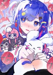 Rule 34 | 5girls, @ @, absurdres, alternate costume, bandaid, bandaid on knee, bandaid on leg, black socks, blue eyes, blue hair, blush, bow, chibi, chibi inset, colored inner hair, commentary request, decora, embarrassed, emoji, flying sweatdrops, food-themed hair ornament, frilled shirt collar, frills, fur-trimmed sleeves, fur trim, hair bow, hair ornament, hair ribbon, hairclip, halftone, harusaruhi, head tilt, highres, imhel1 1, isekai joucho, jewelry, kaf (kamitsubaki studio), kamitsubaki studio, knee blush, kneehighs, knees up, koko (kamitsubaki studio), long sleeves, looking at viewer, medium hair, multicolored eyes, multicolored hair, multiple girls, multiple hair bows, open mouth, pink bow, rainbow hair ornament, red eyes, red hair, ribbon, rim (kamitsubaki studio), ring, sitting, socks, solo focus, stuffed animal, stuffed rabbit, stuffed toy, tape, two side up, virtual youtuber, white ribbon, yellow pupils