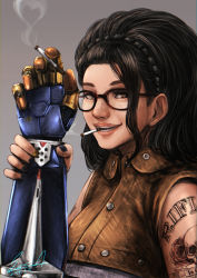 Rule 34 | 1girl, arm tattoo, black hair, black nails, brown eyes, cigarette, commentary, devil may cry (series), devil may cry 5, english commentary, eyebrows, forehead, freckles, glasses, grin, hair pulled back, highres, holding own arm, lips, long hair, looking at viewer, medium hair, nail polish, nico (devil may cry), nose, prosthesis, prosthetic arm, red-framed eyewear, sawasa, shoulder tattoo, sleeveless, smile, smoke, smoking, solo, tattoo