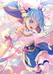 Rule 34 | 1girl, :d, absurdres, ahoge, artist request, blue cape, blue dress, blue eyes, blue hair, cape, cloud, cure sky, detached sleeves, dress, earrings, eyelashes, gloves, hair ornament, happy, highres, hirogaru sky! precure, jewelry, long hair, looking at viewer, magical girl, multicolored hair, open mouth, pink hair, precure, puffy short sleeves, puffy sleeves, red cape, short sleeves, sky, smile, solo, sora harewataru, source request, thighhighs, thighs, twintails, two-tone cape, two-tone hair, white gloves, wing hair ornament
