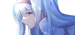 Rule 34 | 1girl, close-up, hairband, highres, japanese clothes, kantai collection, katsuobushi (eba games), long hair, looking at viewer, red hairband, shoukaku (kancolle), simple background, solo, sweater, upper body, white background, white hair