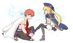Rule 34 | 1boy, 1girl, ankle boots, artoria caster (fate), artoria caster (second ascension) (fate), artoria pendragon (fate), belt, beret, black bow, black gloves, black pantyhose, blonde hair, blue bow, blue cape, blue capelet, blue headwear, boots, bow, bowtie, buttons, cape, capelet, double-breasted, emiya shirou, fate/grand order, fate (series), gloves, green eyes, hat, high heel boots, high heels, hood, hooded cape, igote, kimono on shoulders, multicolored cape, multicolored capelet, multicolored cloak, multicolored clothes, nagatekkou, o-ring, o-ring belt, on one knee, orange eyes, orange hair, pantyhose, sandals, senji muramasa (fate), shoes, simple background, sitting, toned, toned male, topless male, triangle background, tsuchiya madose, twintails, white cape, wristband