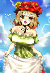 Rule 34 | 1girl, adapted costume, aki minoriko, apron, apron tug, bare shoulders, blonde hair, blue sky, breasts, choker, cleavage, cloud, collarbone, day, flower, hat, hat flower, heart, large breasts, looking at viewer, off shoulder, open mouth, puffy sleeves, ribbon choker, shirt, short sleeves, skirt, sky, smile, solo, touhou, umigarasu (kitsune1963), waist apron, yellow eyes