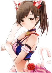 Rule 34 | 1girl, animal ears, armband, bare shoulders, bell, blush, bow, breasts, brown eyes, brown hair, cat ears, cat tail, collar, crop top, detached sleeves, flower, frill trim, frills, hair bow, high ponytail, idolmaster, idolmaster cinderella girls, looking at viewer, medium breasts, nannacy7, neck bell, nitta minami, parted bangs, pink bow, red bow, rose, simple background, smile, solo, tail, upper body, white background