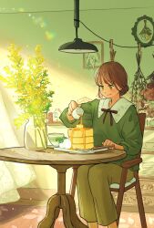 Rule 34 | 1girl, blush, breakfast, brown eyes, brown hair, butter, chair, closed mouth, cup, curtains, drawing (object), flower, food, fork, green shirt, hair bun, highres, holding, indoors, knife, lamp, lens flare, long sleeves, looking down, maple syrup, neck ribbon, on chair, original, painting (object), pancake, pancake stack, pants, picture frame, plant, plate, potted plant, pouring, ribbon, shirt, single hair bun, sitting, skirt, smile, solo, spoon, sunlight, syrup, table, twin-mix, vase, window