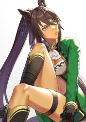Rule 34 | 1girl, akatsuki (kuon), animal ears, bandeau, black footwear, black gloves, blue eyes, boots, breasts, brown hair, cleavage, commentary request, dark-skinned female, dark skin, ear ornament, earrings, gloves, green jacket, green shorts, hair between eyes, hair ornament, horse ears, horse girl, horse tail, jacket, jewelry, knee boots, knee up, long hair, long sleeves, looking to the side, medium breasts, navel, parted lips, ponytail, shorts, sidelocks, simple background, single earring, sitting, solo, split ponytail, stomach, symboli kris s (umamusume), tail, thigh strap, umamusume, white background, white bandeau