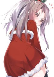 Rule 34 | 1girl, angry, black thighhighs, brown eyes, christmas, commentary request, dress, from behind, fur-trimmed dress, fur trim, hair ornament, kantai collection, light brown hair, long hair, looking at viewer, looking back, mistletoe, natsuki (gedo), ponytail, red dress, santa costume, santa dress, simple background, solo, thighhighs, white background, zettai ryouiki, zuihou (kancolle)