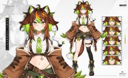 Rule 34 | 1girl, :3, :p, ahoge, animal ear fluff, animal ears, asymmetrical footwear, asymmetrical legwear, bandaid, bandaid on face, bandaid on nose, belt, black footwear, blush, boots, brown belt, brown hair, brown jacket, character name, character sheet, closed mouth, collared shirt, colored inner hair, commentary, compass, crop top, cross-laced clothes, cross-laced top, english commentary, fang, frown, full body, furi ferntail, gradient eyes, green eyes, green hair, green necktie, green panties, green shorts, hair ornament, highleg, highleg panties, highres, jacket, leaf, logo, looking at viewer, multicolored eyes, multicolored hair, namishiron, navel, necktie, o o, official art, open clothes, open jacket, open mouth, orange hair, panties, pin, potion, scratches, shadow, shirt, short shorts, shorts, sleeves past fingers, sleeves past wrists, standing, stomach, streaked hair, test tube, tongue, tongue out, twitter username, underwear, virtual youtuber, vreverie, white shirt