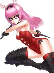 Rule 34 | &gt;:o, 1girl, :o, animal ears, armor, armored boots, bare shoulders, black-framed eyewear, black bow, black bowtie, black footwear, black gloves, black thighhighs, blunt bangs, boots, bow, bowtie, bracer, breasts, closers, detached collar, dual wielding, eyebrows, fake animal ears, glasses, gloves, hair bow, holding, holding sword, holding weapon, kfr, leotard, long hair, looking at viewer, md5 mismatch, pink hair, playboy bunny, pom pom (clothes), purple eyes, rabbit ears, red thighhighs, seulbi lee, simple background, small breasts, solo, strapless, strapless leotard, sword, thigh boots, thighhighs, v-shaped eyebrows, weapon, white background