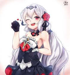Rule 34 | 1girl, :d, armpits, bare shoulders, black gloves, fangs, flower, gloves, hair between eyes, hair flower, hair ornament, heart, highres, honkai (series), honkai impact 3rd, long hair, looking at viewer, one eye closed, open mouth, qualthis, red eyes, red flower, rose, simple background, smile, solo, theresa apocalypse, theresa apocalypse (luna kindred), twintails, white background, white hair