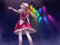 Rule 34 | 1girl, arm up, blonde hair, blouse, blue background, dress, female focus, flandre scarlet, hat, highres, jerry, mob cap, rainbow order, red dress, red eyes, shirt, solo, touhou, white hat, white shirt, wings