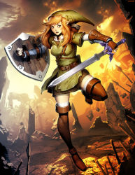 Rule 34 | 1girl, armor, belt, blue eyes, boots, breasts, brown footwear, brown thighhighs, chainmail, cosplay, gender request, genderswap, genzoman, gloves, hat, holding, holding sword, holding weapon, hyrule warriors, impossible clothes, leather, leather boots, leather gloves, link, link (cosplay), master sword, nintendo, pointy ears, scabbard, sheath, shield, solo, sword, the legend of zelda, thigh boots, thighhighs, weapon, white thighhighs, zettai ryouiki