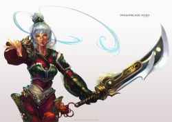Rule 34 | 1girl, alternate costume, armor, character name, dragonblade riven, gloves, hair bun, image sample, league of legends, monori rogue, pink eyes, riven (league of legends), simple background, single hair bun, solo, sword, weapon, white background, white hair