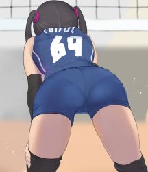 Rule 34 | 1girl, ass, bare shoulders, bent over, black thighhighs, blue shirt, blue shorts, cameltoe, detached sleeves, from behind, gatchan, hair ornament, hair ribbon, hair scrunchie, highres, legs, original, panties under shorts, pantylines, pink ribbon, pink scrunchie, playing sports, ribbon, scrunchie, shirt, short hair, short shorts, shorts, sleeveless, sleeveless shirt, solo, sportswear, thighhighs, thighs, twintails, volleyball, volleyball net, volleyball uniform