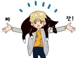 Rule 34 | 1boy, animal, animal on shoulder, black pants, blonde hair, cat, commentary request, fang, grey jacket, jacket, korean commentary, korean text, looking at viewer, male focus, open mouth, orange eyes, orange shirt, original, outstretched arms, pants, shirt, short hair, simple background, smile, spread arms, squeak wlr1, standing, translation request, white background
